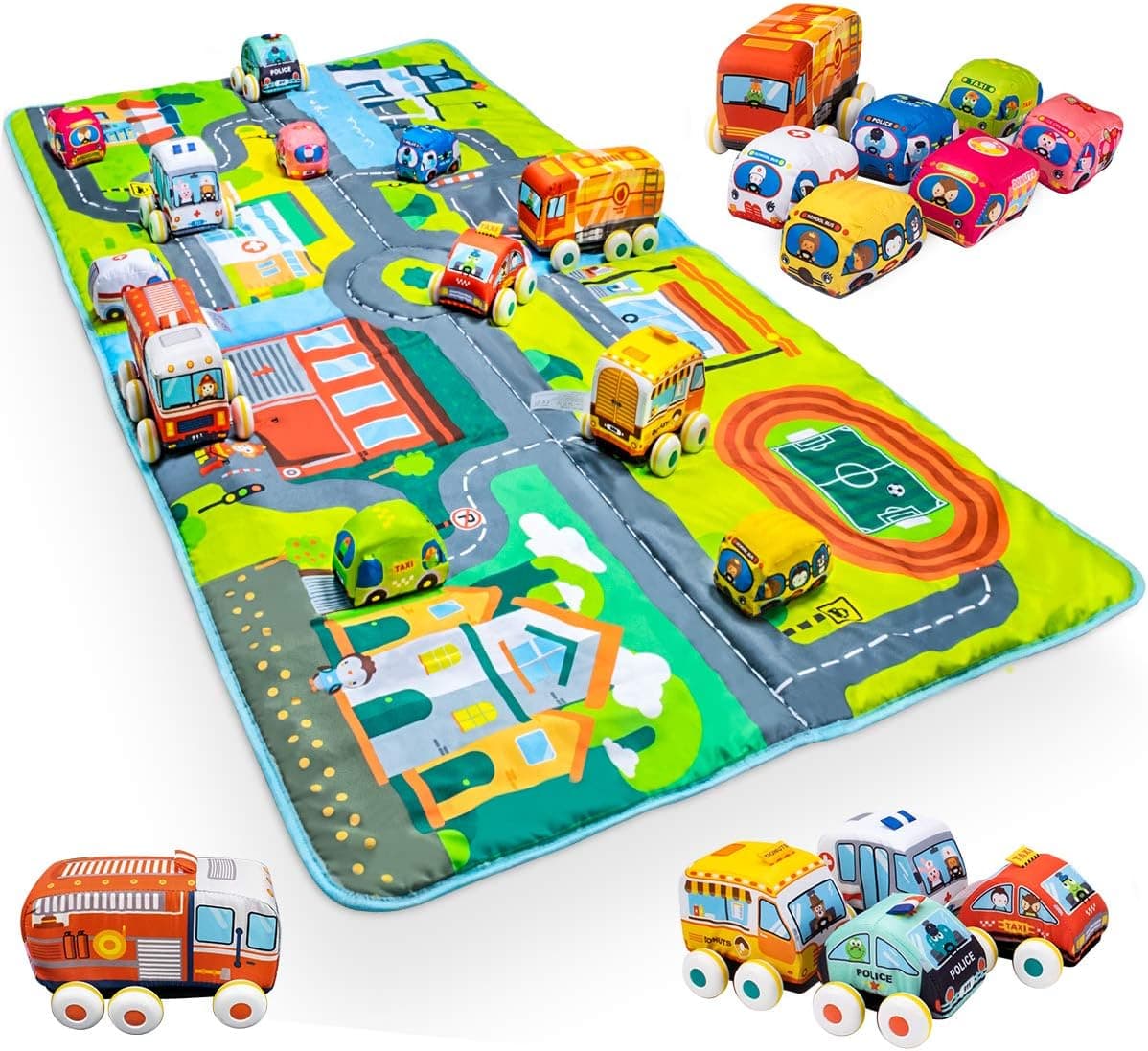 UNIH Pull Back Cars for Toddlers Aged 1 2 3 Year Old, Soft Car Toy Set with Large Size Play Mat&12 Pcs Cars