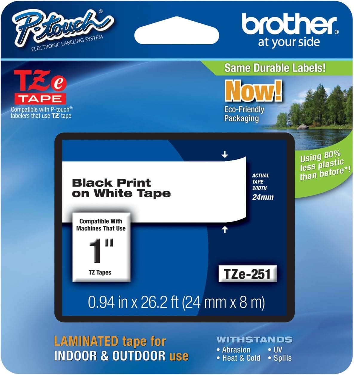 Genuine Brother 1" (24mm) Black on White TZe P-touch Tape for Brother PT-1400, PT1400 Label Maker with FREE TZe Tape Guide Included