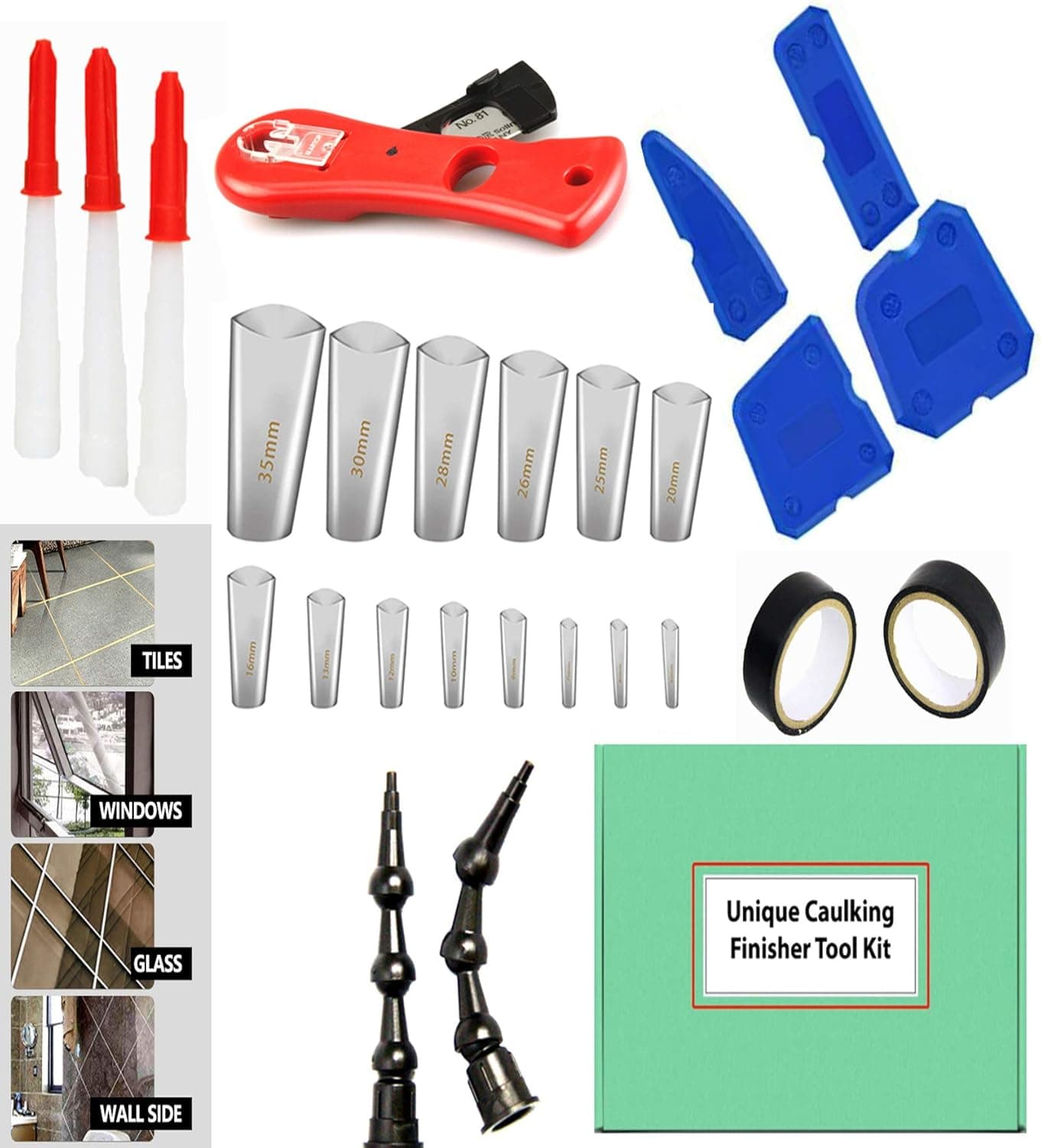 Caulking Tool Kit Finishing Set- Ultimate Silicone Caulking Tool Sealant for Kitchen, Bathroom, Windows-Premium Quality Caulking Nozzle Applicator Finishing Tool in Different Sizes: from 5 mm to 35 mm