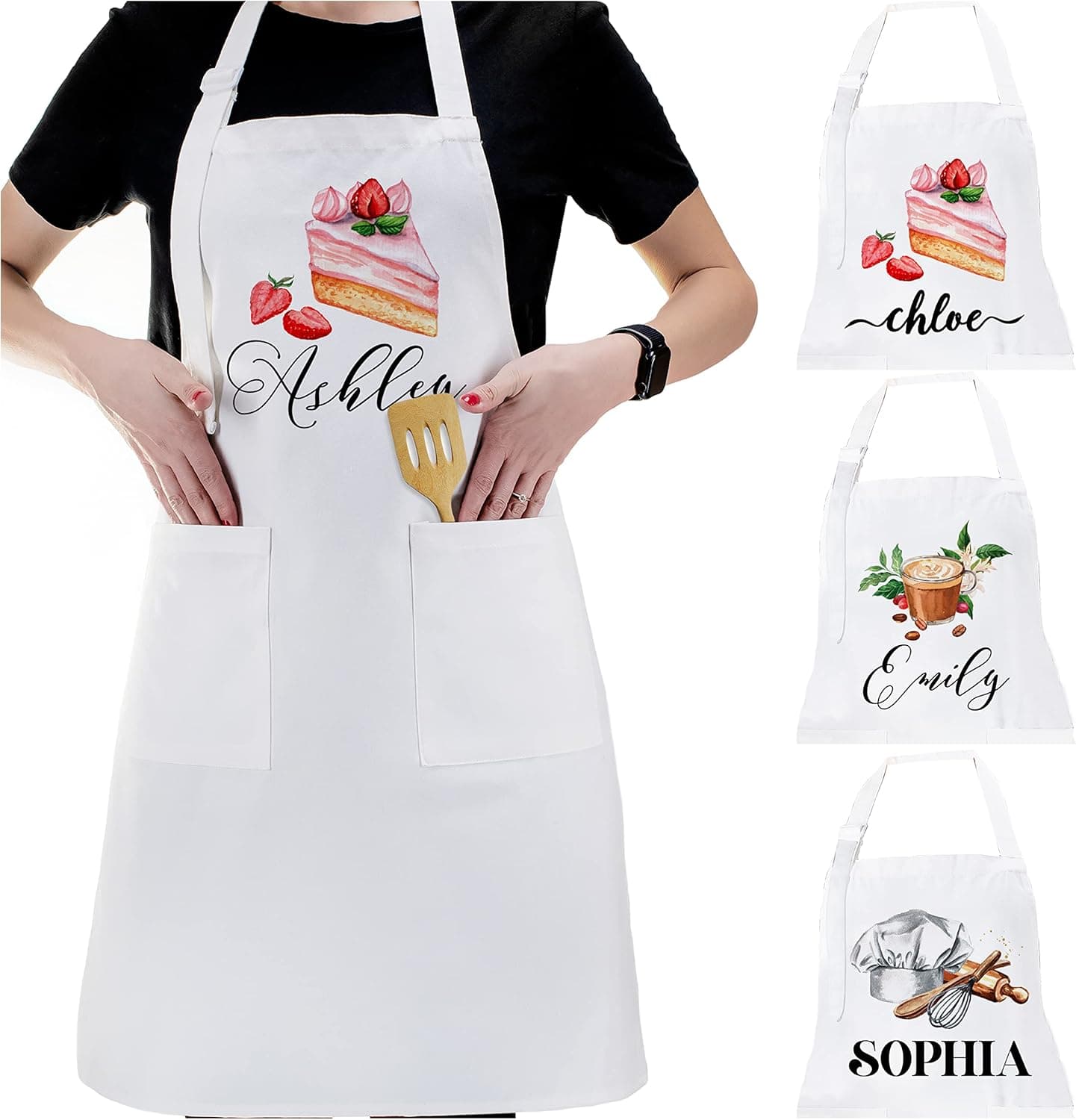 Personalized White Chef Apron with Pockets - 3 Design & Font Options - Customized Cooking Baking Grilling Bbq Bib Aprons for Women - Custom Kitchen Apron Gifts - Monther's Day Gift - Create Your Apron