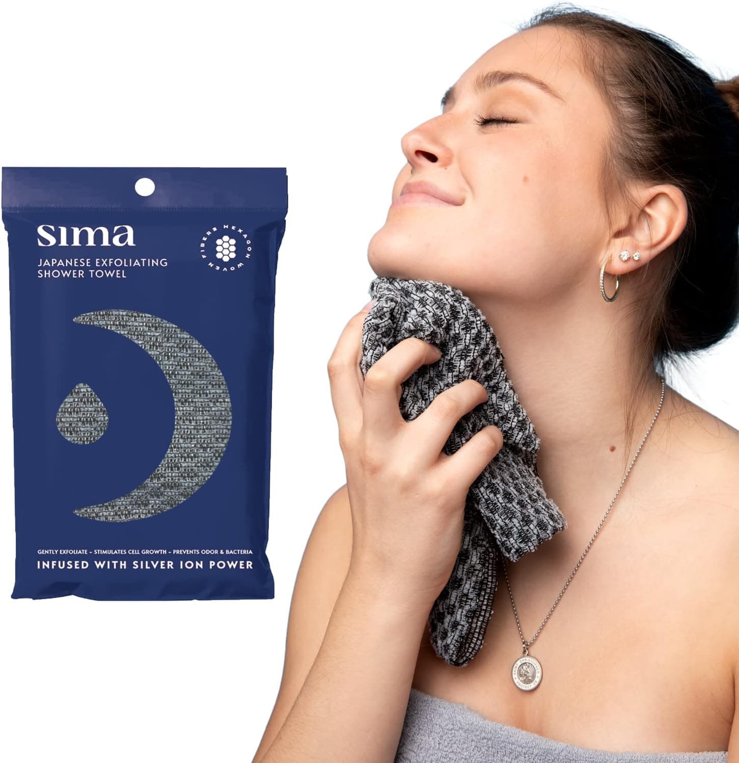 Sima Brand Exfoliating Washcloth Face & Body Scrub Towel - Japanese Exfoliating Towel with Hexagon Fibers, Exfoliating Body Scrubber with 2 Sides for Scrubbing & Washing - 1 Extra Long Towel
