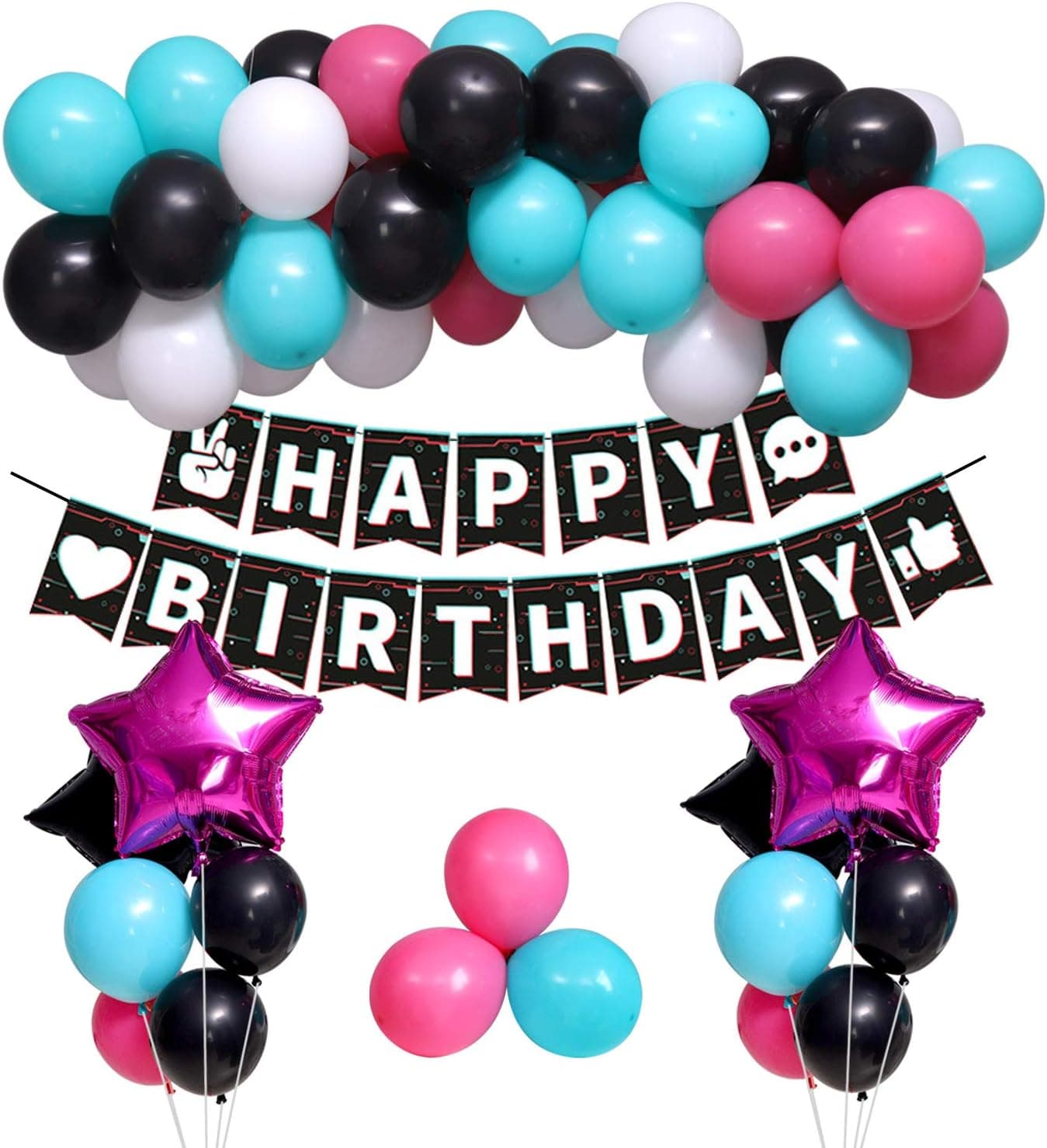 Tik Tok Musical Birthday Party Decorations,74Pcs Hot Pink Tiffany Black White Balloon Garland and Star Foil Balloons,Happy Birthday Banner for Girls Kids Ladies Birthday Party Supplies