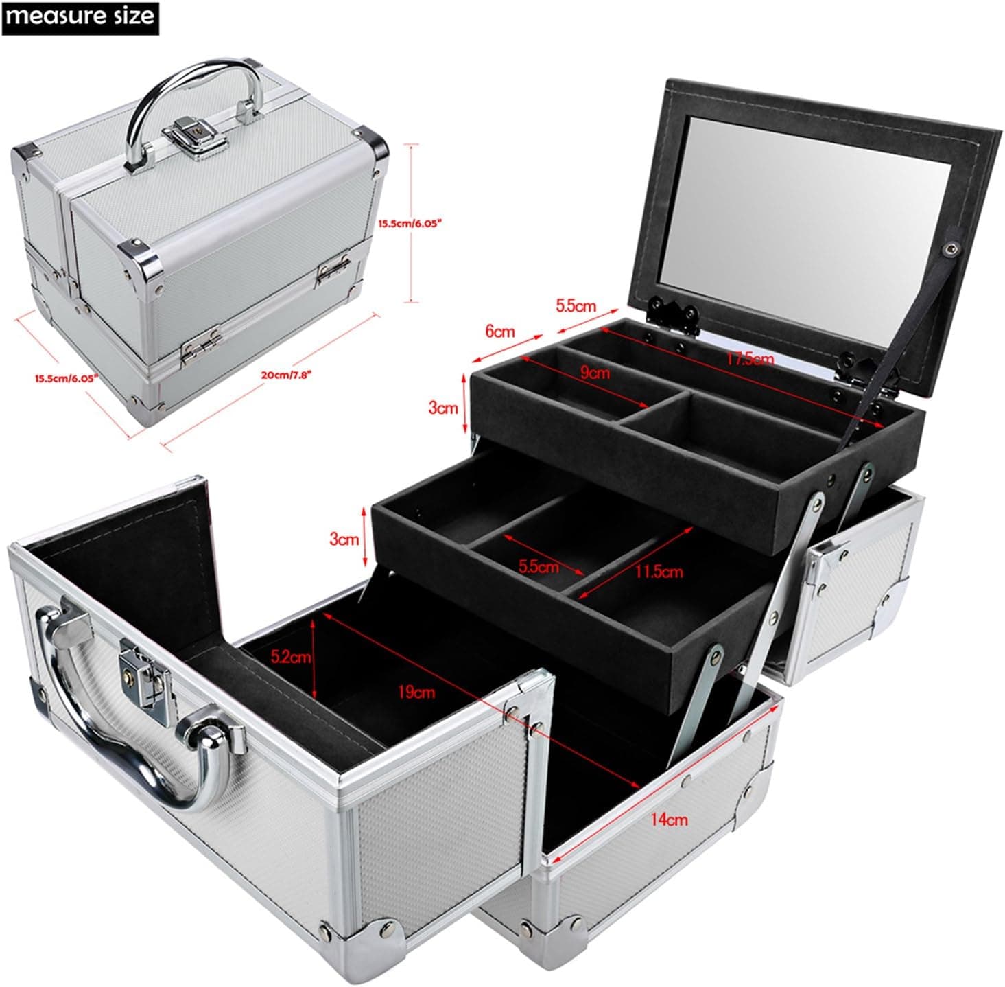 Portable Makeup Train Case,Aluminum Makeup Organizer Jewelry Cosmetic Box Lockable Organizer (US Stock) (SIL_B)
