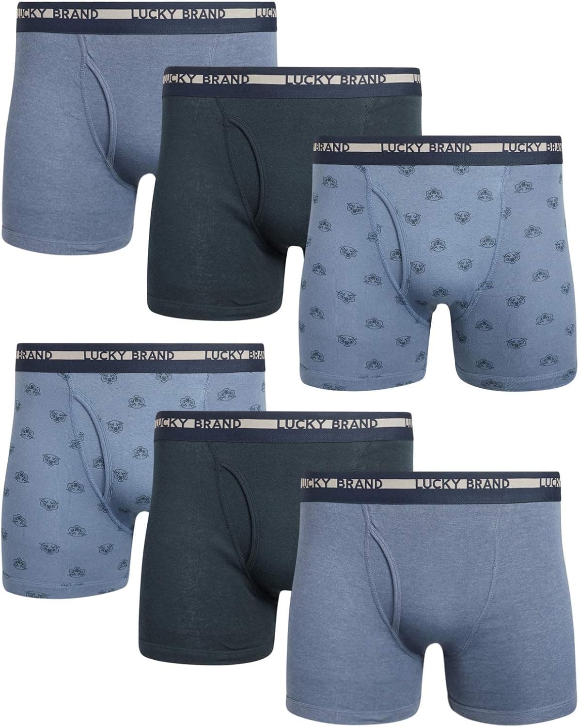 Lucky Brand Men's Cotton Boxer Briefs (6 Pack), Navy/Blue Print/Blue, Size Medium'