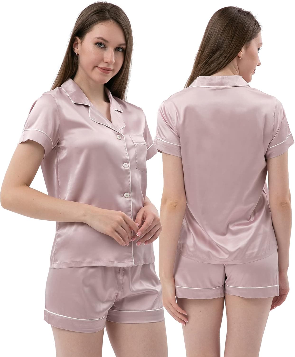 VeiOh Womens Silk Satin Pajamas Set Two-Piece Pj Sets Short Sleeve Sleepwear Button-Down Loungewear Pj Sets