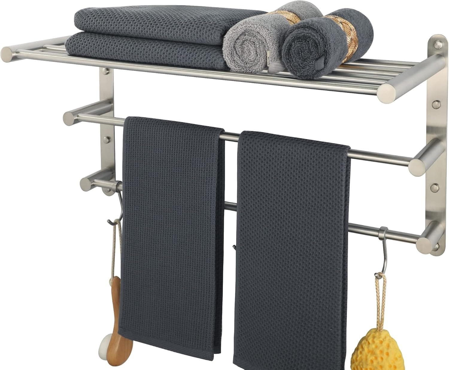 Alise Bathroom Towel Rack Towel Shelf with Single Towel Bars and 5 Hooks Holder Wall Mount,24-Inch SUS 304 Stainless Steel Brushed Nickel