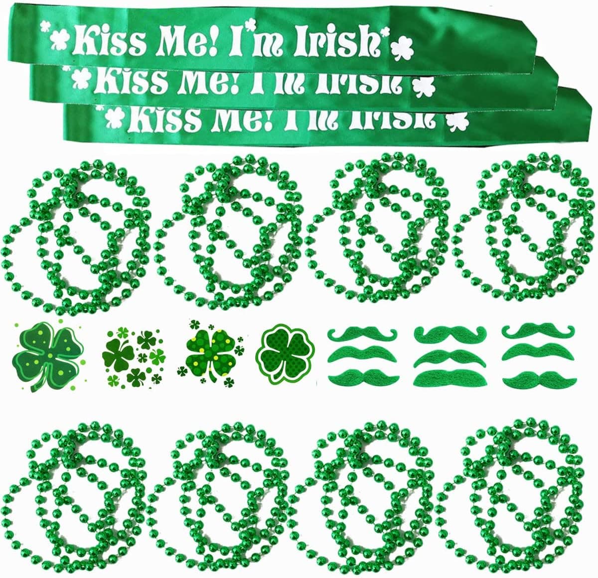 Irish St Patricks Day Accessories 37 Pack Irish Party Favor with St. Patrick Shamrock Bead Necklaces, Temporary Tattoos Stickers,Green Mustache,Kiss Me I'm Irish Sash A HIT for Your Event