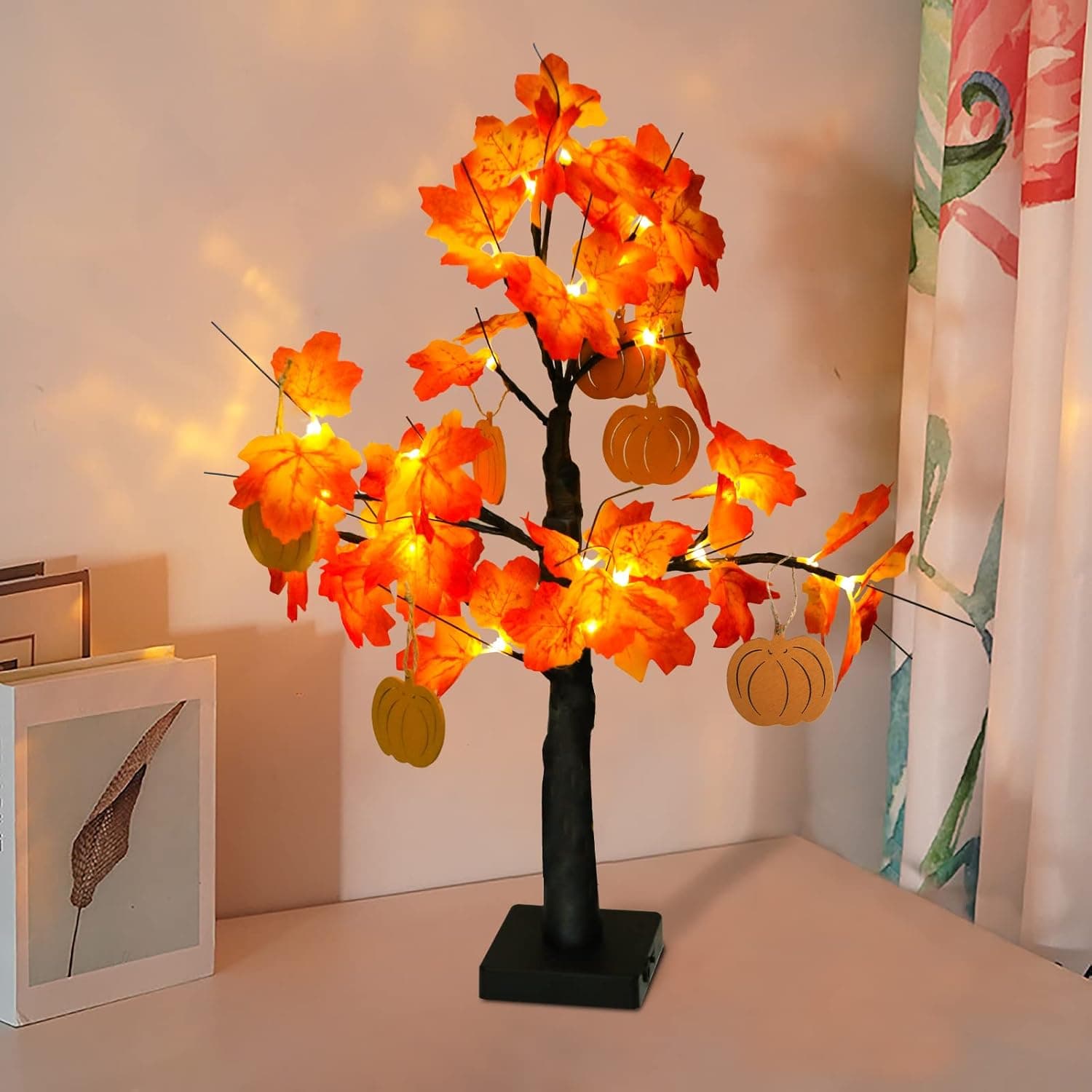 24 Inch LED Maple Tree Fall Decor,24 LED Tree Light DIY Artificial Lamp Tree Lamp,USB or Battery Powered with 6 Wood Pumpkin Ornaments for Autumn Home Decor,Thanksgiving,Halloween
