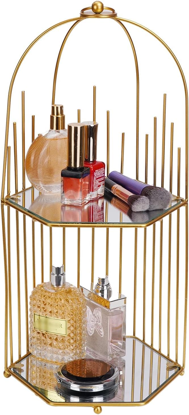 Jiafive Mirrorred Tray, 2- Tierd Gold Birdcage Bathroom Tray Perfume Tray Vanity Tray Tray Dresser Tray Ornate Tray Metal Decorative Tray Daily Necklace Holder, Dessert Cupcake Stand