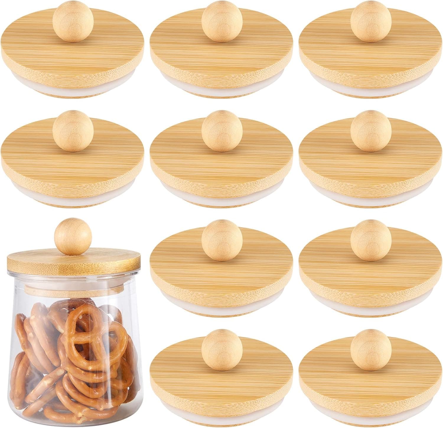12 Pcs Tessco Yogurt Jar Lids Set Bamboo Wood Lids Compatible with Oui Yogurt Jars Reusable Round Canning Lids Cookie Glass Storage Lids with Silicone Sealing Rings for Mugs and Jars, 2.64 x 1.97 inch
