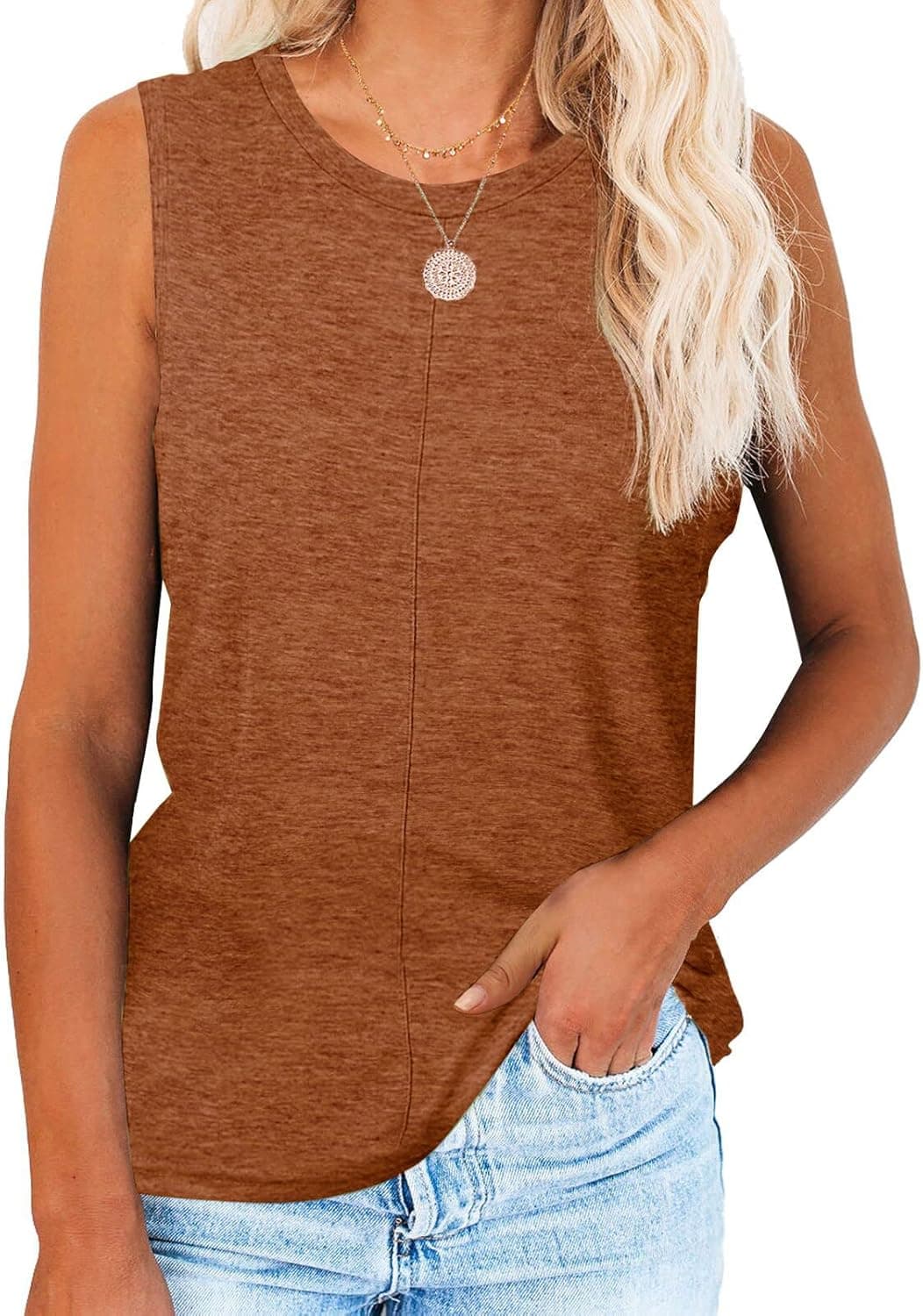 ELFSHE Women's Summer Casual Crew Neck Tank Tops Sleeveless Solid Tee Shirts Loose Fit