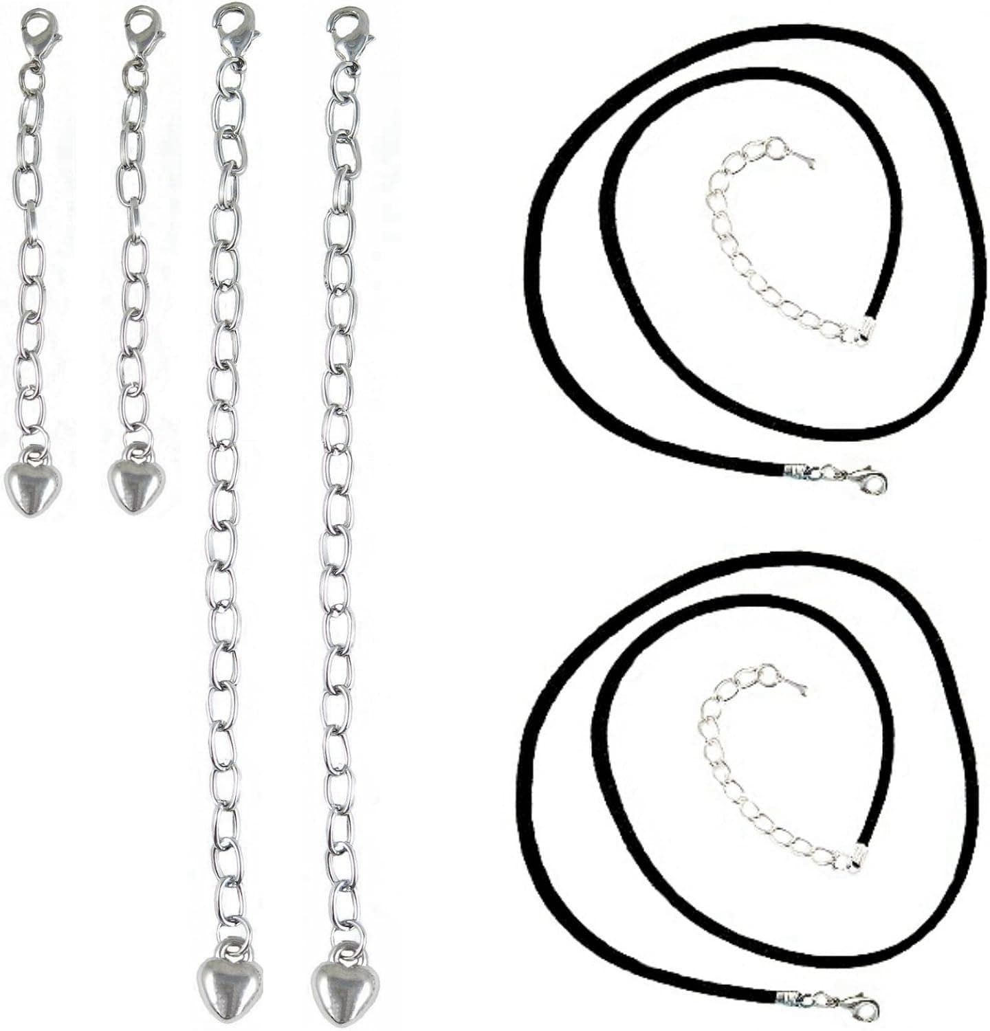 Necklace Cords and Extension Chains Set - D58 - Two 16" Black Silk/Satin Cords AND 2 Pcs of 2" and 2 Pcs of 4" Extension Chains ~ Silver Tone Plated - SET OF TWO (2) CORDS and FOUR (4) EXTENSION CHAINS