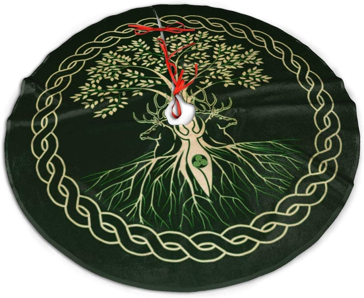Yule Christmas Tree Pagan Deer Yuletide Wicca Themed Round Christmas Xmas Tree Skirt Carpet Mat Rugs Pad Party Favors Supplies Home Ornament Decoration 30 36 48 Inch Small Big Giant Large