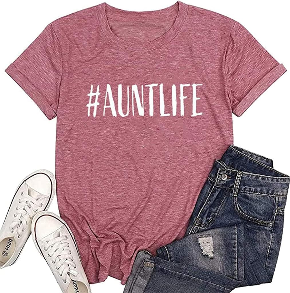 Women Auntie T-Shirt Letter Print Graphic Tees Aunt Gifts Short Sleeve Top Casual Shirt (Pink, S)