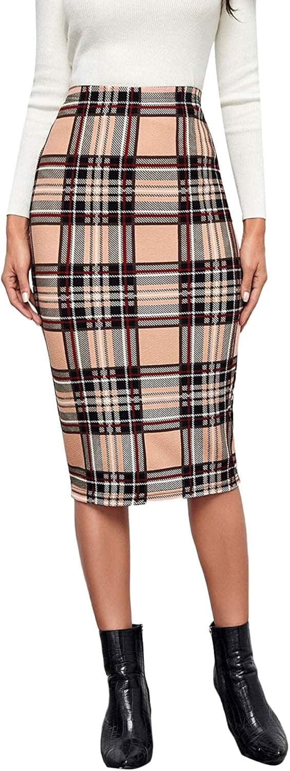 Floerns Women's Plaid Print High Waist Knee Length Bodycon Pencil Skirt