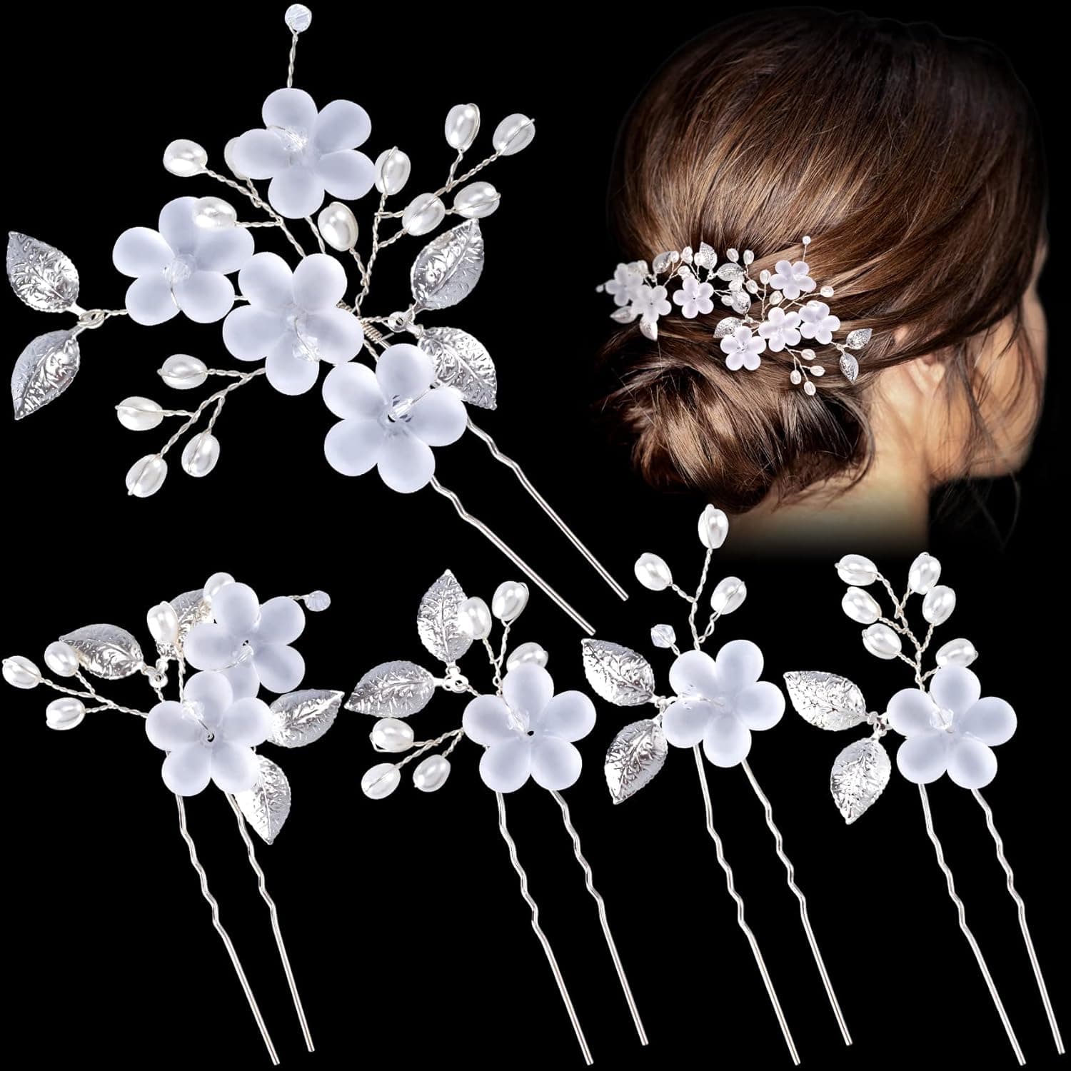 PAGOW 5Pcs Bridal Hair Pins, Silver Pearl Hair Clips Bridal Wedding Hair Accessories, Rhinestone Flower Hair Fork Headpiece for Brides Women Girls