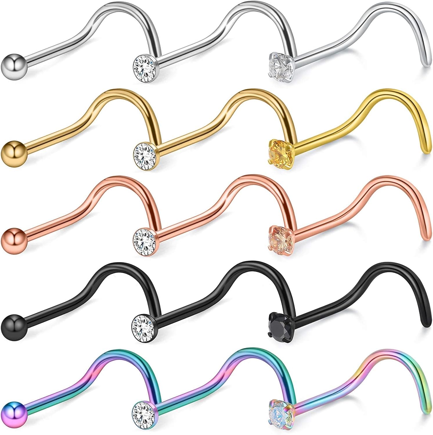 Lcolyoli Nose Rings 15Pcs Screw Bone l Shaped 18G Nose Stud Surgical Steel Piercing Jewelry Clear CZ for Women Men