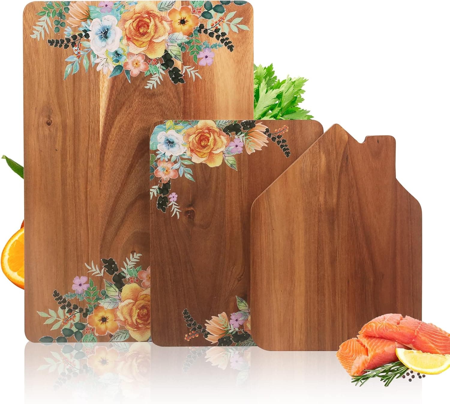 Decorative Cutting Board by Beardo for Kitchen Acacia Cute Wood Cutting Boards Set Large Medium and Small Sizes with Floral