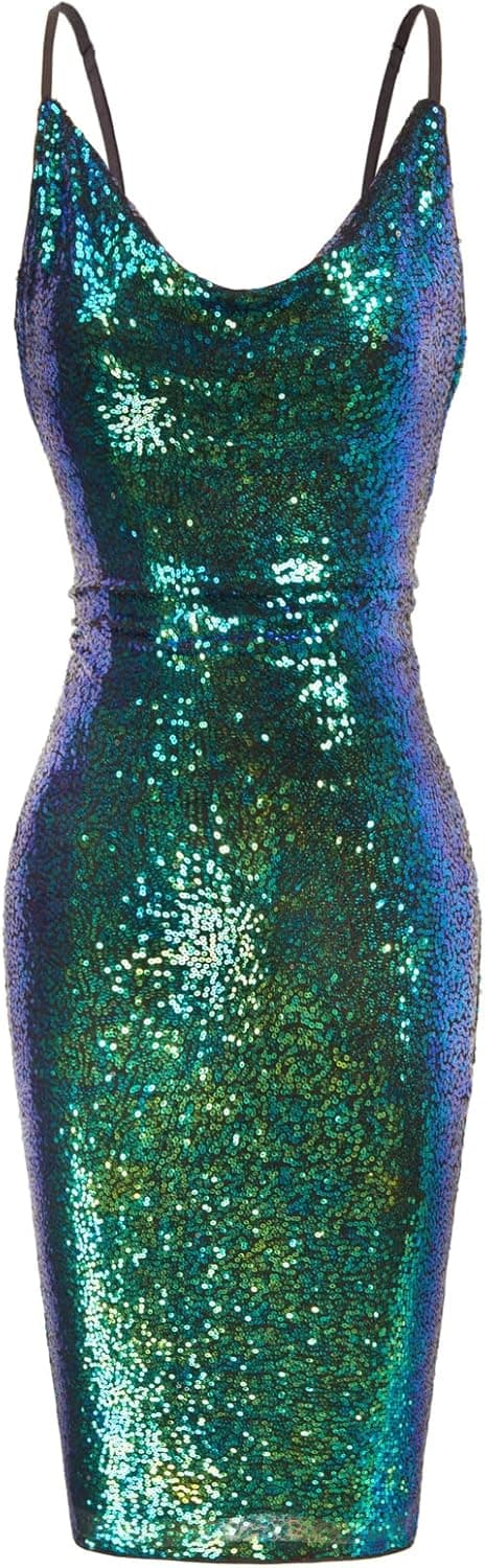 GRACE KARIN Women's Sexy Sequin Sparkly Glitter Cowl Neck Dresses Spaghetti Straps Bodycon Midi Club Party Dress