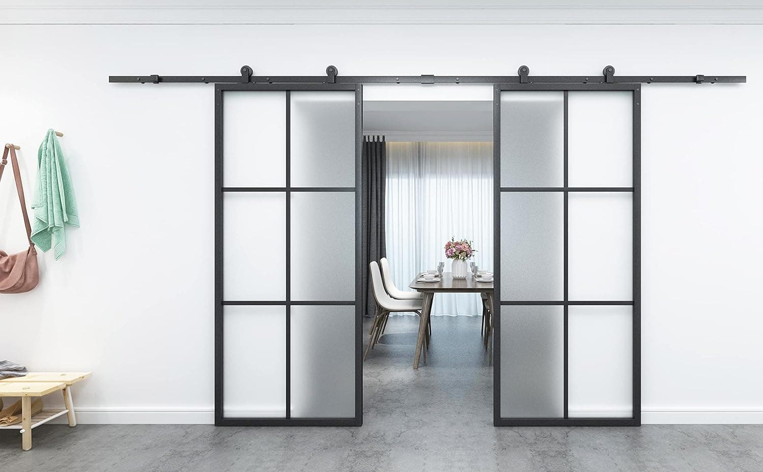 BARNSMITH 72in x 84in Double Glass Barn Door with 13FT Top Mounted Hardware Kit, DIY Modern Black Aluminum Tempered Frosted Glass Sliding Door, Assemble Required(2* 36inx 84in)