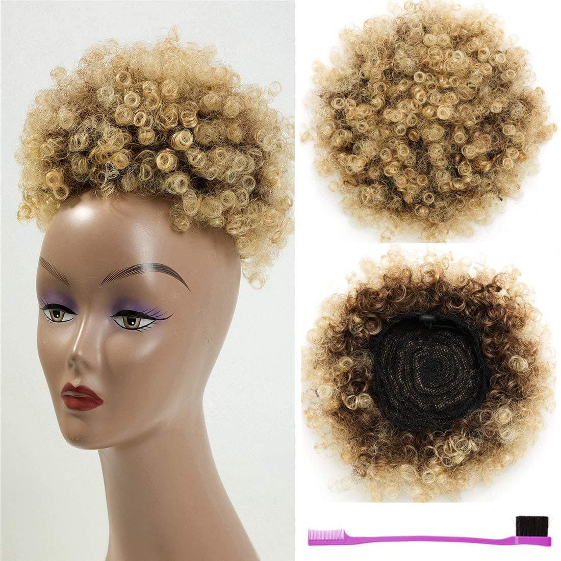 AICILY Synthetic Afro Puff Drawstring Ponytail Short Kinky Curly Hair Bun Extension Donut Chignon Hairpieces Wig Updo Hair Extensions with Two Clips (4/613)