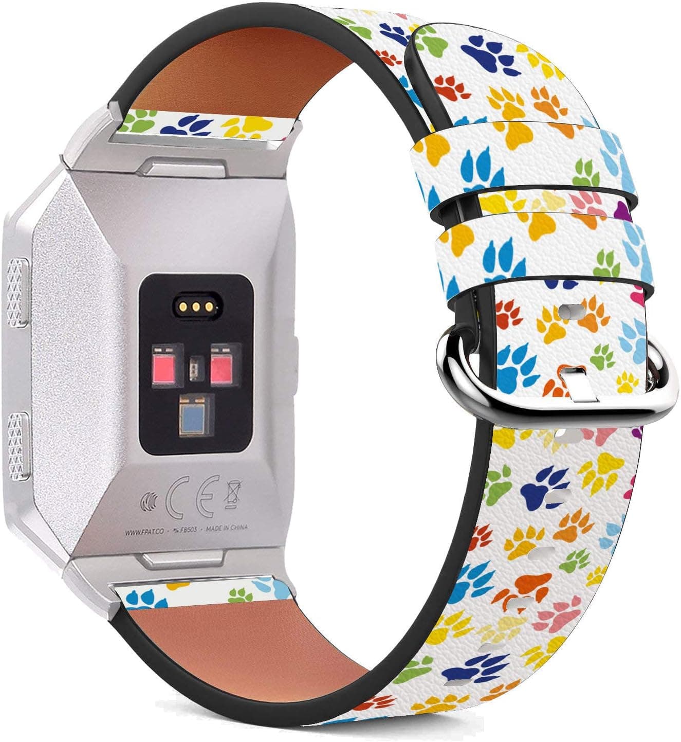 Compatible with Fitbit Ionic - Replacement Leather Wristband Bracelet with Stainless Steel Clasp and Adapters - Cute Dog Paw Print