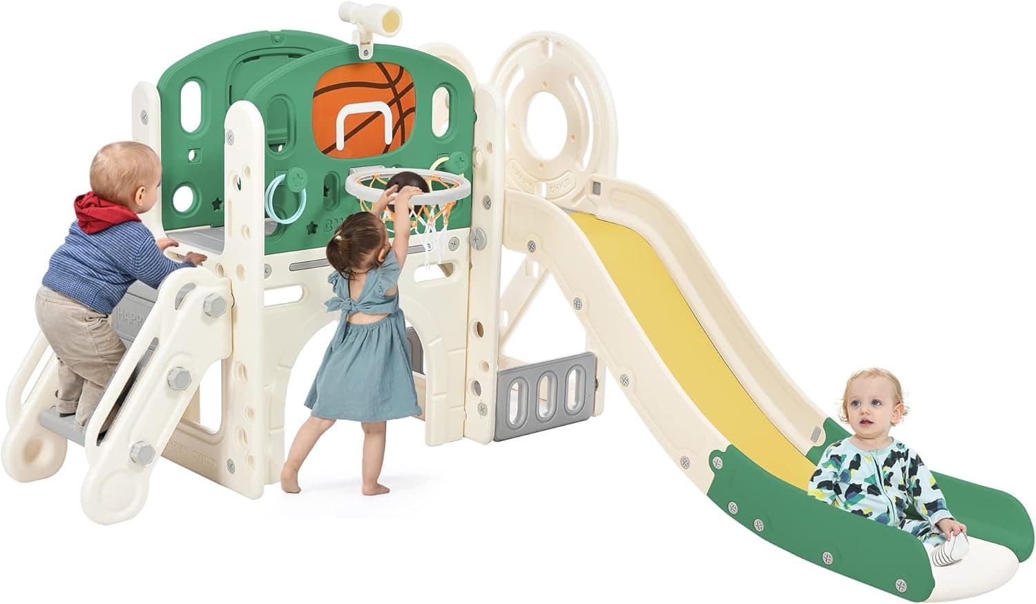 Merax 7-in-1 Kids Slide with Climber, Basketball Hoop, Tunnel, Telescope and Storage Space, Outdoor Indoor Slide for Toddlers Age 1+ (Green)
