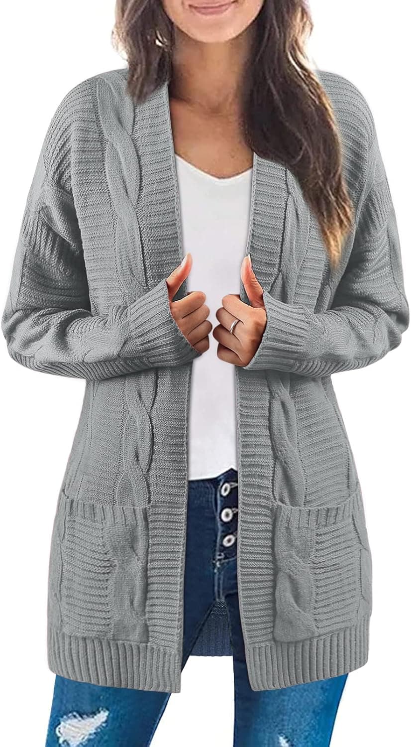 ZROZYL Womens Long Sleeve Open Front Cable Knit Cardigan Sweater Outwear with Pockets