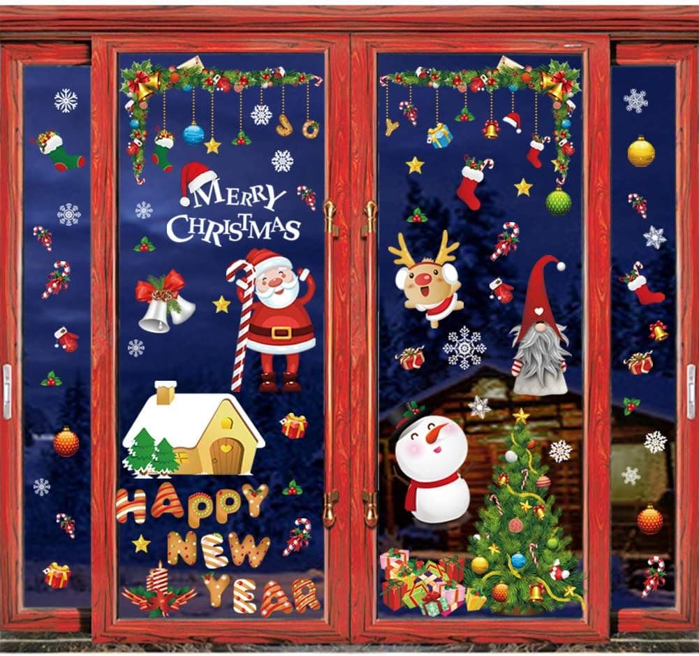 Ivenf Christmas Decorations, 4 Sheets Extra Large Santa Snowman Gnome Snowflake Tree Stockings Window Clings, Hanging Ornaments Decal Winter Wonderland Xmas Holiday Party Supplies