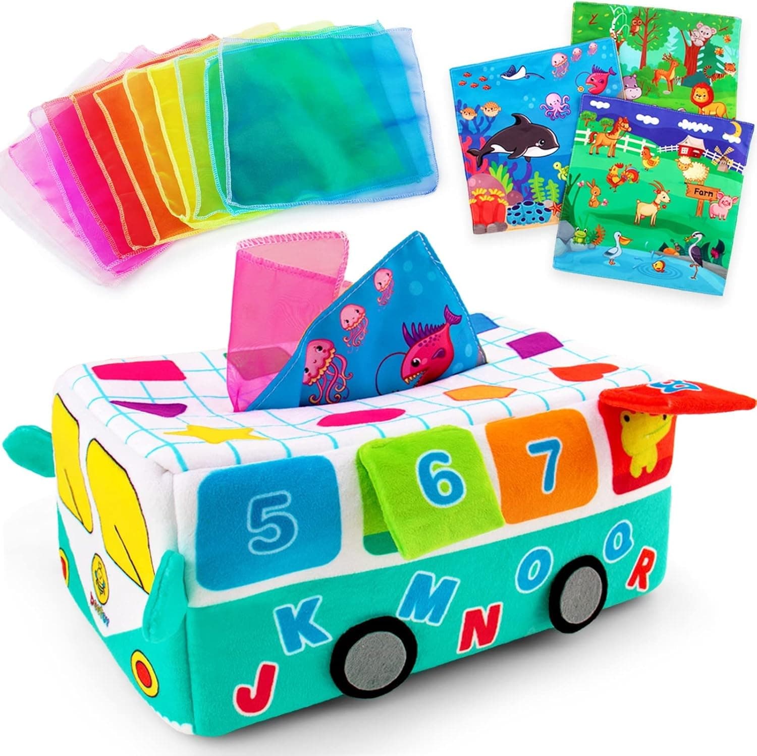 beetoy Baby Tissue Box Toy, High Contrast Baby Crinkle Toys with Soft Dance Scarves, Montessori Tissue Box Toddler Early Learning Toy with Sensory 3D Activity for Kids Preschool Education