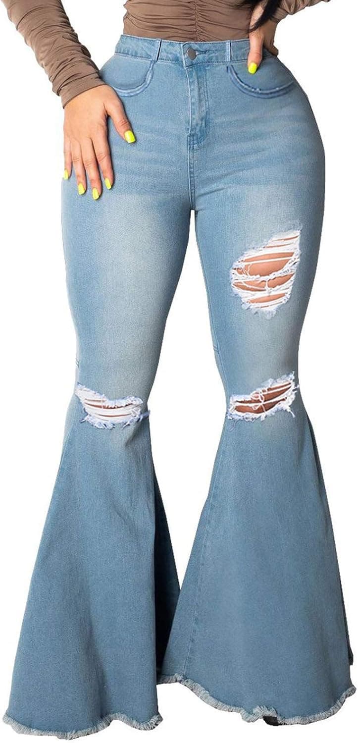 SeNight Women Bell Bottom Jeans Elastic Waist Ripped Flared Jean Destroyed Raw Hem Denim Pants