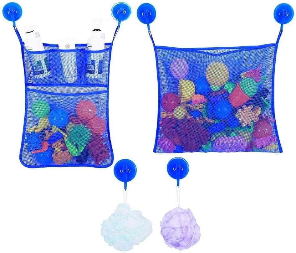 2 x Mesh Bath Toy Organizer & 6 Hooks Suction Cups, Organizer Bags, Bath Toy Storage Bathtub Mesh Netting Bathroom Hanging Storage for Kids Toddlers Adults (Blue)
