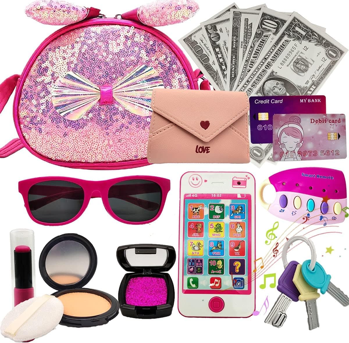 MOAOZ Girl’s Pretend Makeup Toy, My First Princess Purse,Including A Smartphone, Car Keys, Credit Card, Lipstick, Gift for Kids 3 4 5 6 7 8 Year Old