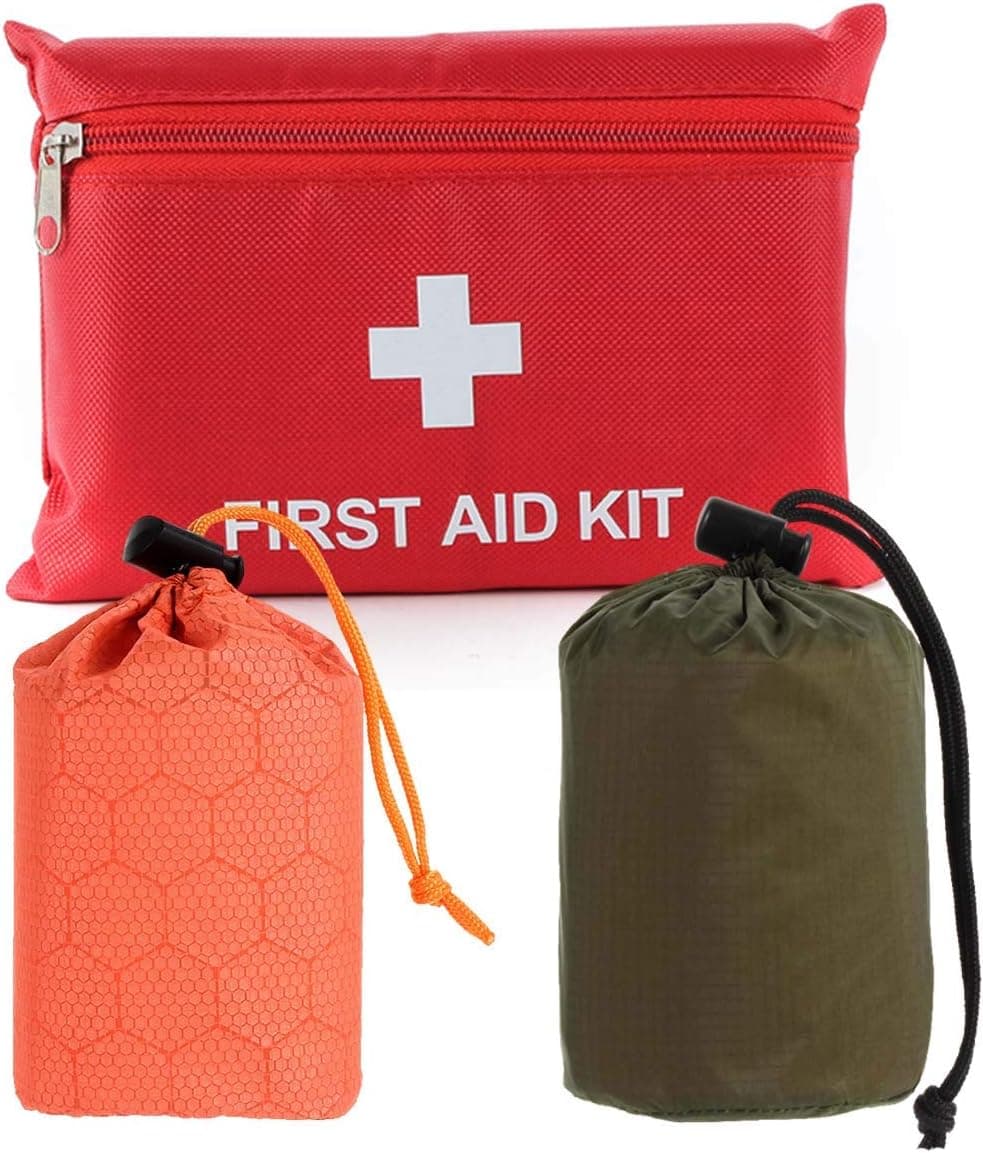 Emergency Sleeping Bag Mylar Thermal Bivy Sack Survival Blanket Gear Shelter Kit Camping Gear Hiking Outdoor Activitie Equipment with Portable Drawstring Bag Orange and Green