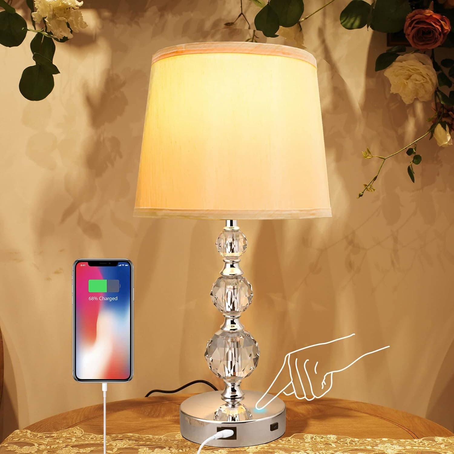Qucosn Modern Crystal Table Lamp - Touch Control ,3 Way Dimmable Bedside Lamp with USB Charging Ports for Desk Lamp for Bedroom, Girls Guest Room, Living Room, LED Bulbs Included…