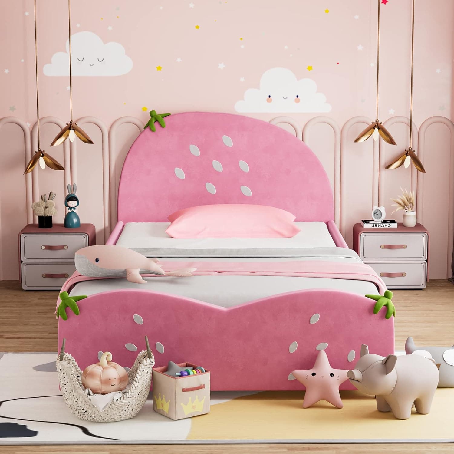 HONEY JOY Kids Twin Bed Frame with Headboard, Toddler Upholstered Platform Bed with Slatted Bed Base, No Box Spring Needed, Princess Wooden Single Bed for Baby Girls, Twin Size in Pink