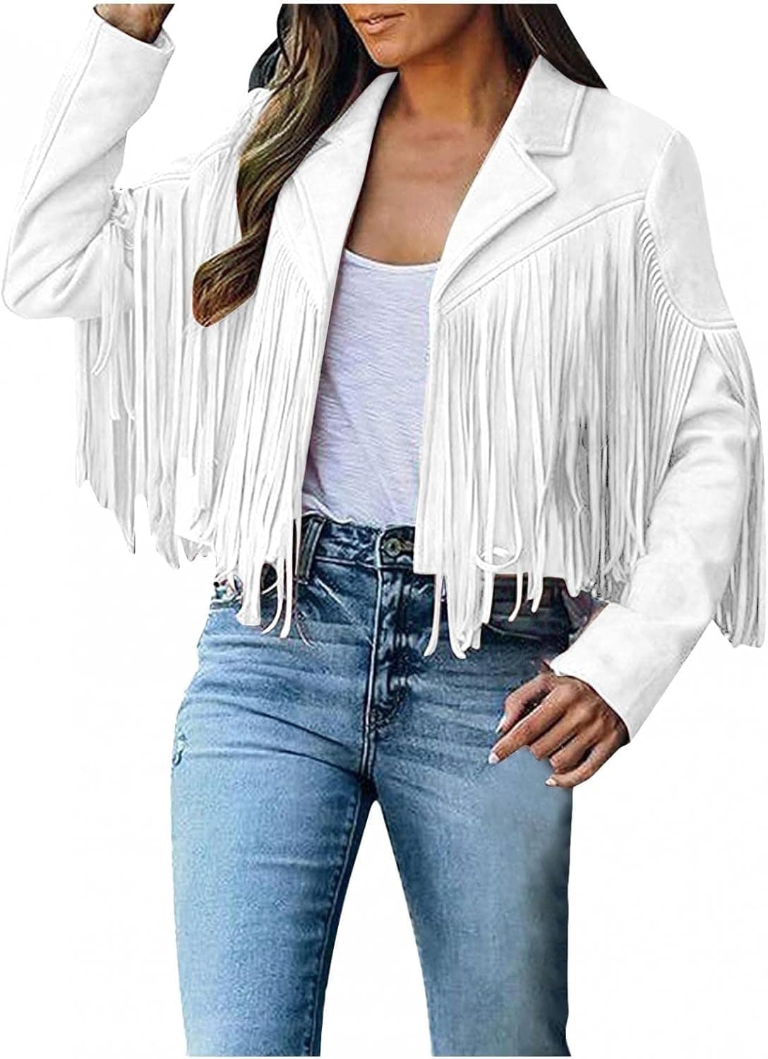 Womens Vintage Tassel Cropped Motor Biker Faux Suede Jackets Long Sleeve Hippie Boho Western Cowgirl Fringe Coat Outwear