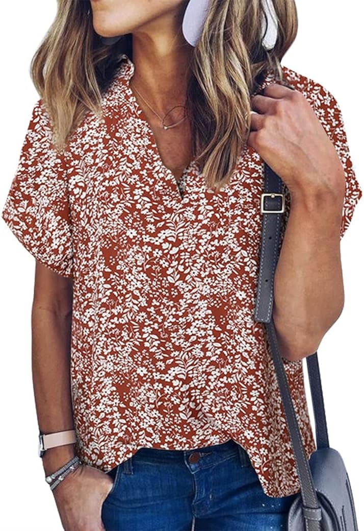 WLLW Women Bohemian Short Sleeve V Neck Floral Print T Shirt Babydoll Shirt Blouse Tunic Top