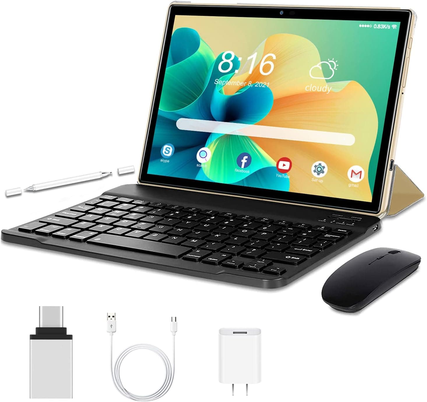 AOYODKG 5G WiFi Android 11 Tablets 10 Inch, 4GB RAM 64GB ROM/SD Up to 128GB, Quad Core 1.6GHz 2 in 1 Tablet PC with Keyboard and Mouse, AYO-9