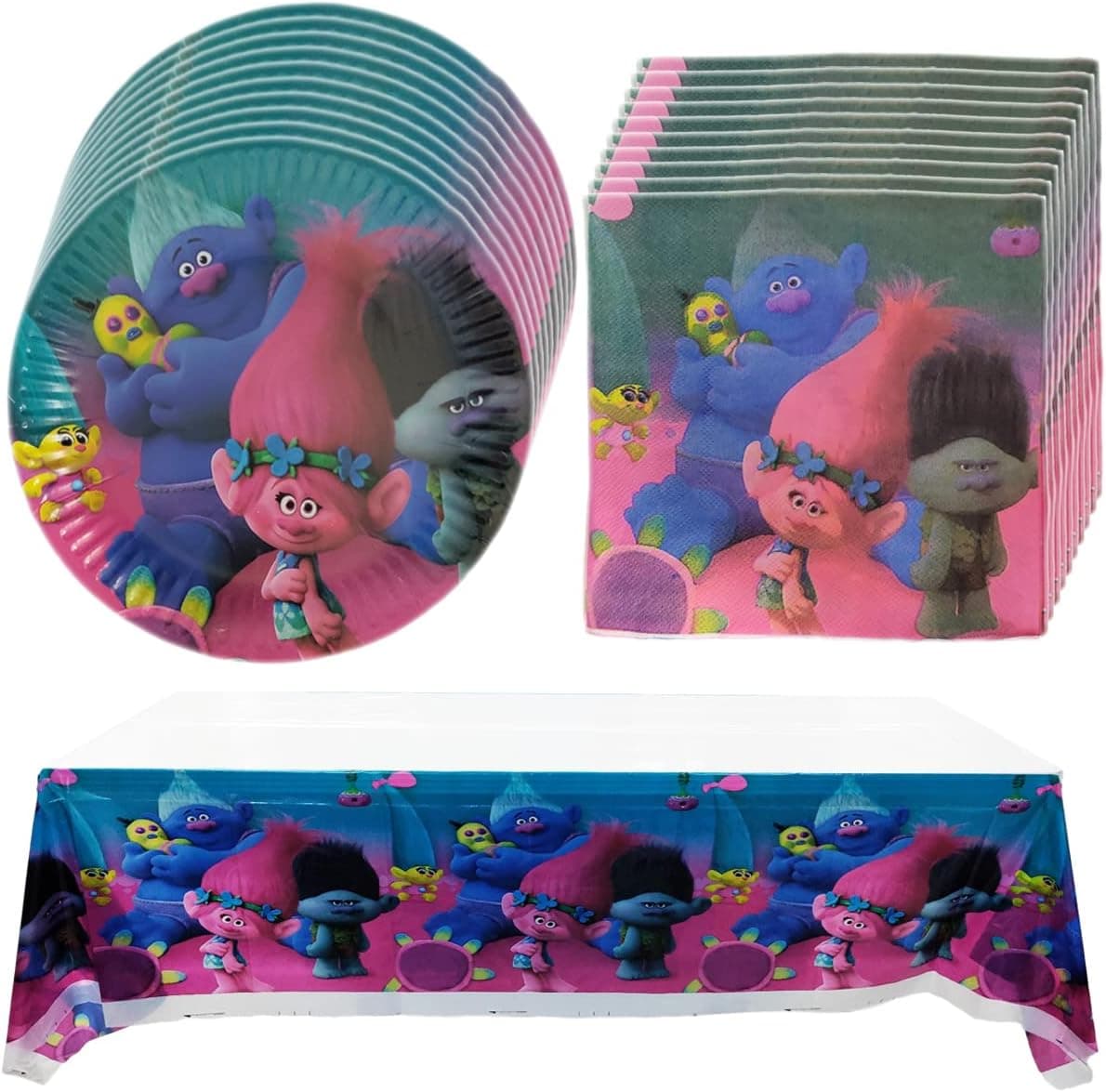 Trolls Party Supplies, 20 plates + 20 napkin + tablecloth, Trolls theme party decoration