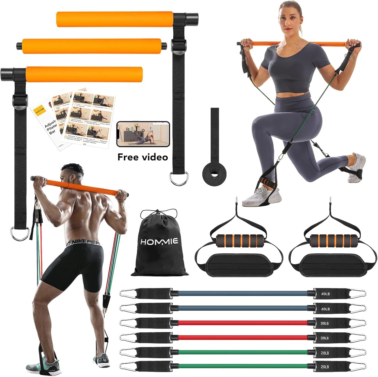Hommie Portable Pilates Bar Kit with Resistance Bands for Men and Women，Upgraded 3 Section Pilates Bar with Resistance Bands (20-60lb) for Home Gym Equipment Supports Full-Body Workouts