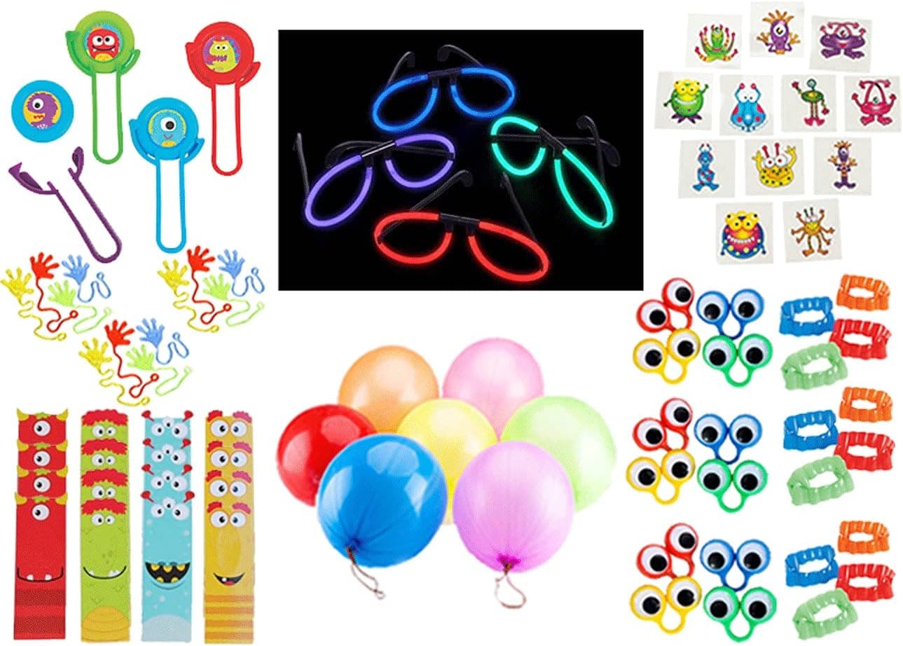 Monster Party Favors, Birthday Pack for 12 Kids - 156 Pieces - Toys and Novelty Items - Glasses, Teeth, Disc Shooters, Finger Puppets, Bookmarks, Colorful Punch Balloons and Sticky Hands, 72 Tattoos