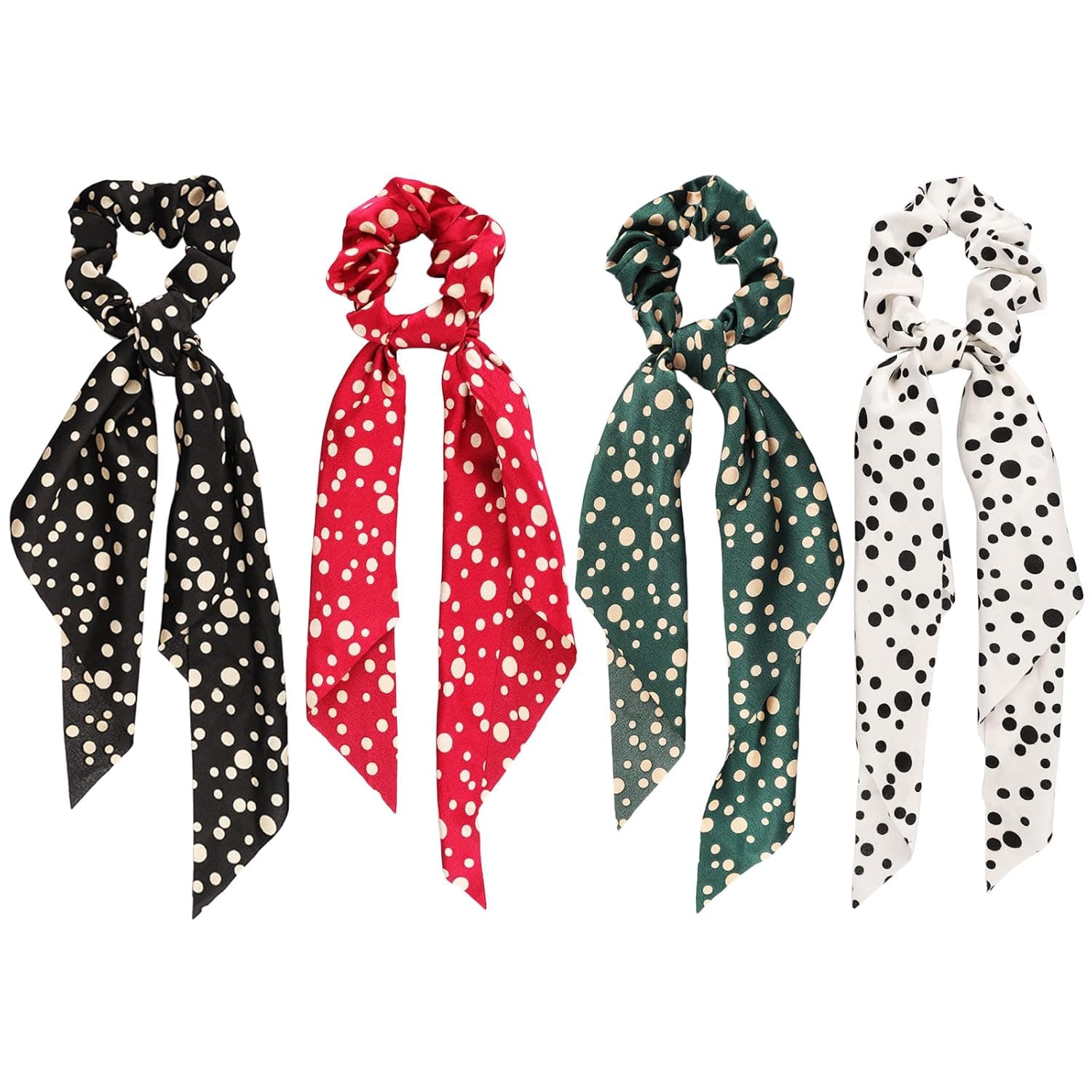 4 Pcs Hair Scarf Scrunchies Chiffon Hair Bands Scrunchie Ponytail Holder Scrunchy Ties 2 in 1 Vintage Ribbon Accessories for Women Girls (Polka Dot color)