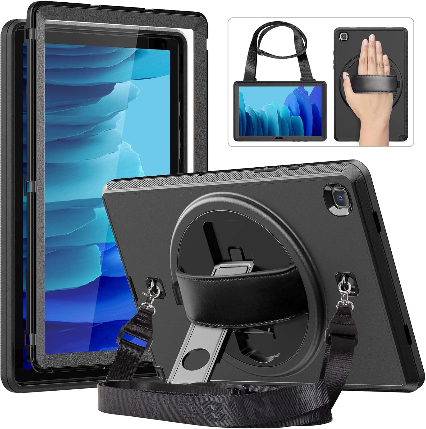 HXCASEAC Case for Samsung Galaxy Tab A7 10.4 Inch (SM-T500/SM-T505/SM-T507), Shockproof Protective Case with Screen Protector, Rotating Stand/Hand Strap, Shoulder Strap for Samsung Tab A7 2020, Black