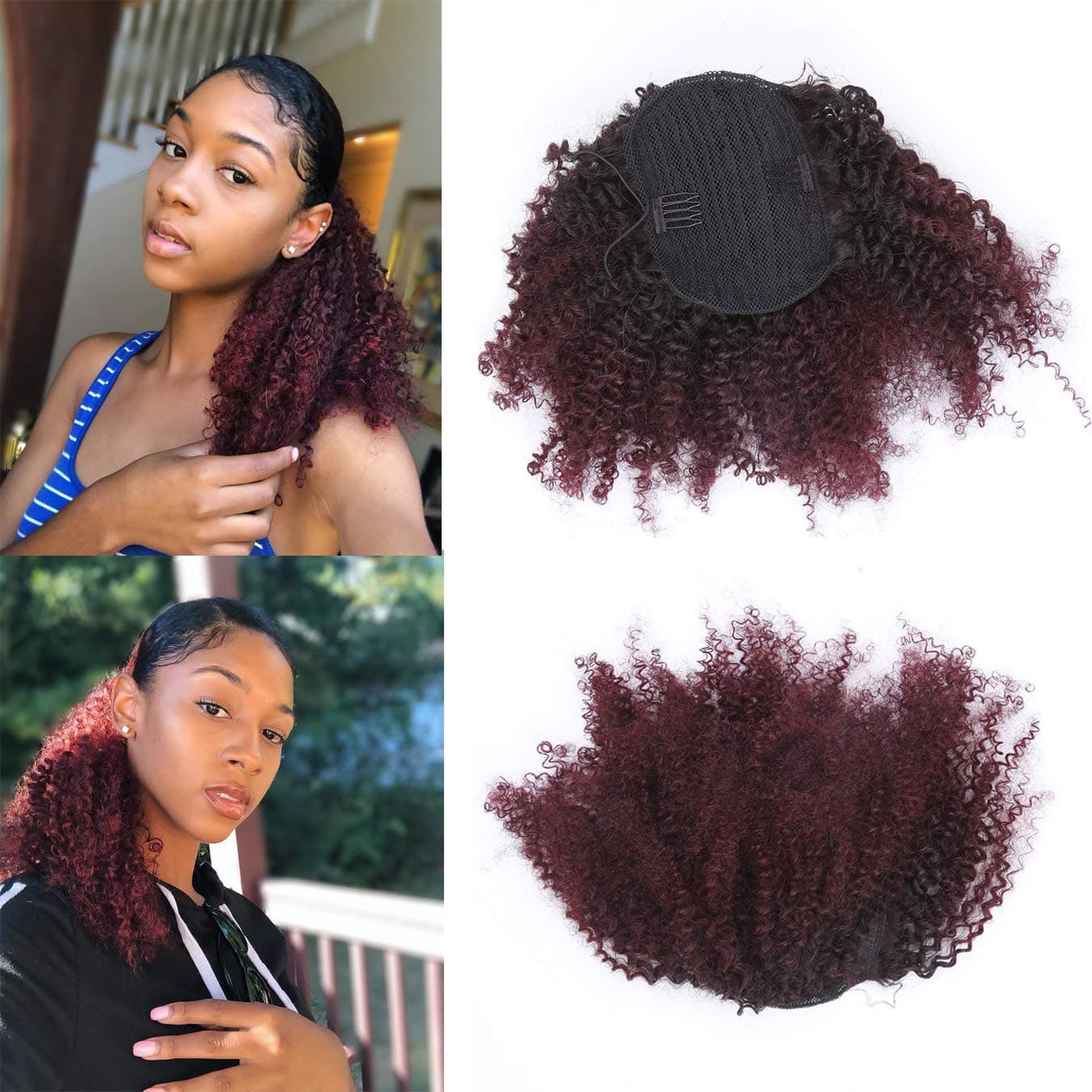 Human Hair Ponytail Extension Drawstring Afro Ponytail For Natural Hair Ombre Color Hair Pieces For Women Clip In Ponytail Virgin Remy Human Hair Extensions Afro Kinky Clip In Ponytail #1B/ 99j 10Inch