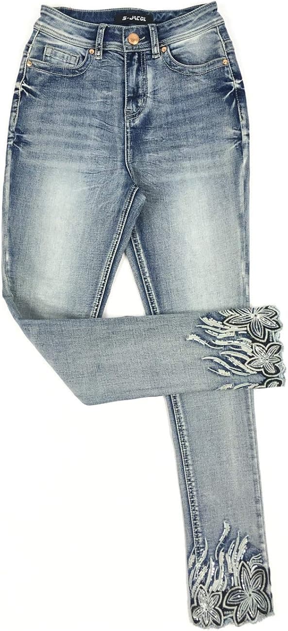 S-JACOL Women's High Rise Stretch Embroidered Sequins Slim Skinny Denim Jeans Tenths Pants