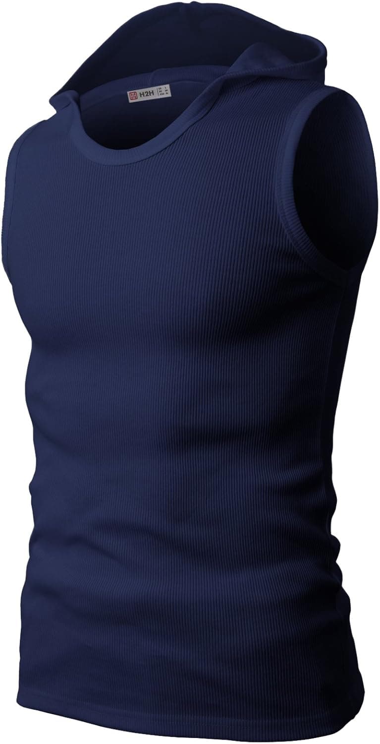 H2H Mens Hooded Sleeveless T-shirts NAVY US 3XL/Asia 5XL (JPSK05)