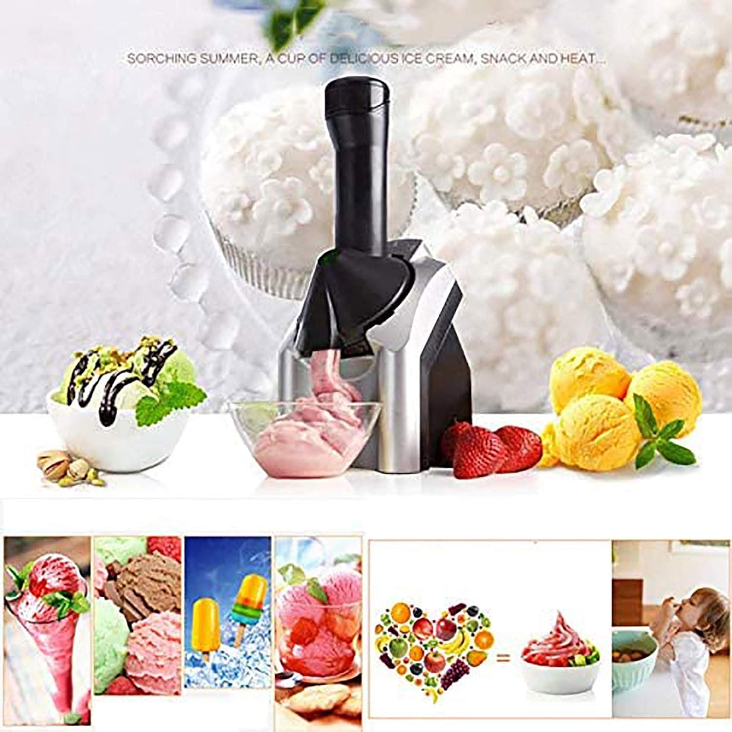 Abbcoert Electronic Ice Cream Maker,Portable Household Use Fruit Soft Serve Frozen Yogurt Machine Sorbet with Countdown Timer for Frozen Fruit Dessert Make,Healthy Vegan Ice Cream Desserts Gelato Smoothie
