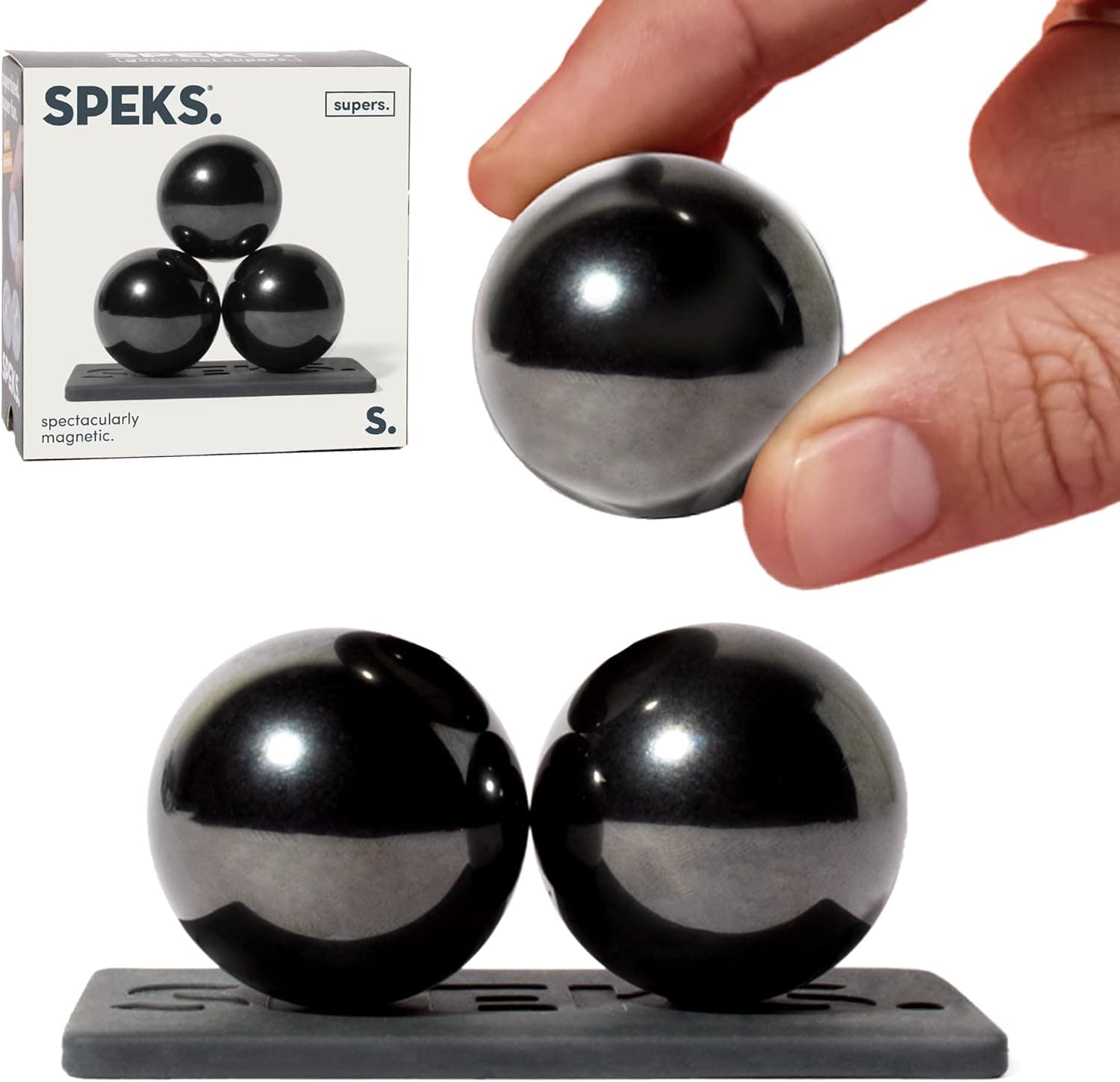 Speks Supers, 33mm Magnets Balls Fidget Toys for Adults, Set of 3 with Display Plate, Great Office Desk Decorations and Stress Relief Gifts