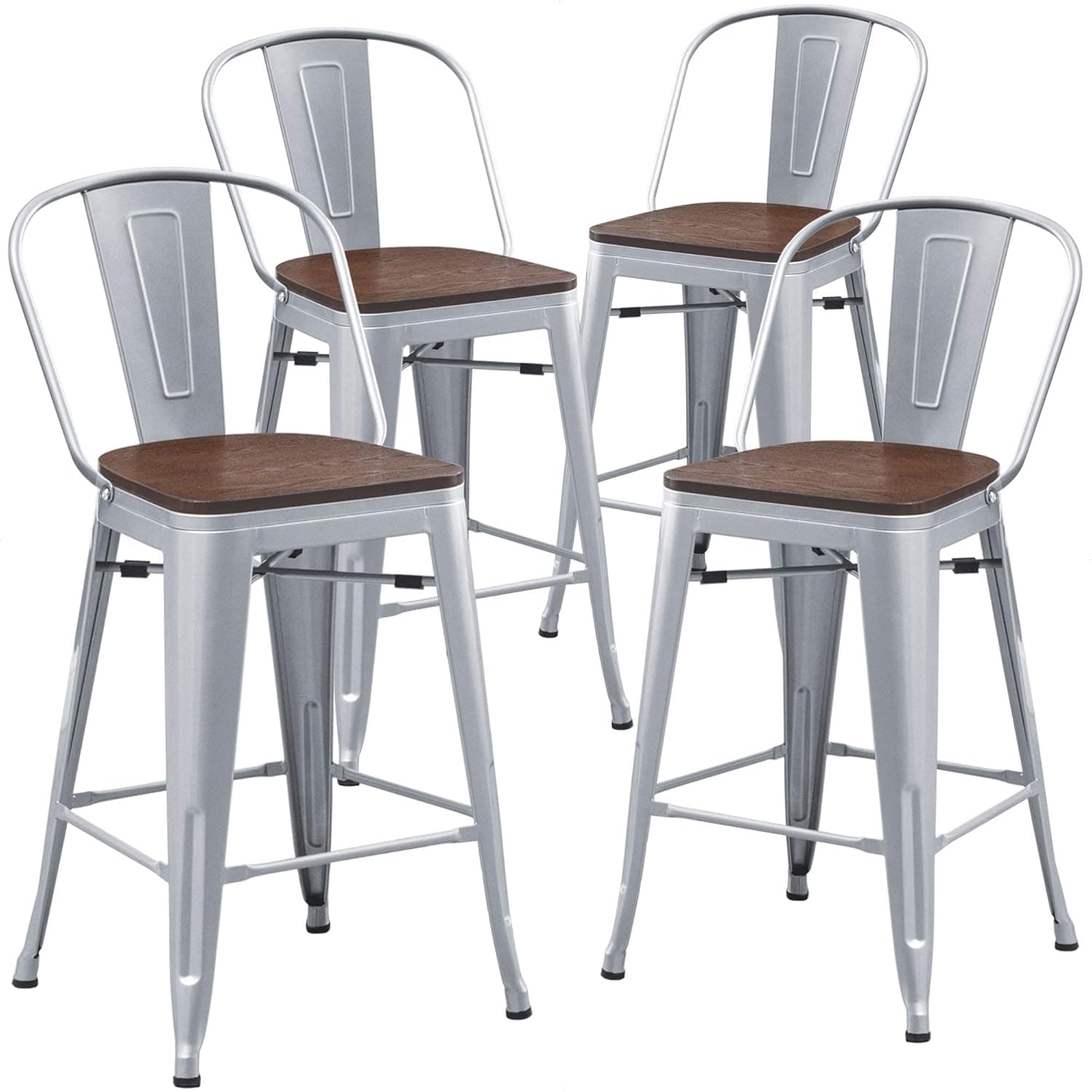 Aklaus Metal Bar Stools Set of 4,24 inch Barstools Counter Height Bar Stools with Backs Farmhouse Bar Stools with Larger seat High Back Kitchen Dining Chairs Modern Bar Chairs 24" Silver Stool
